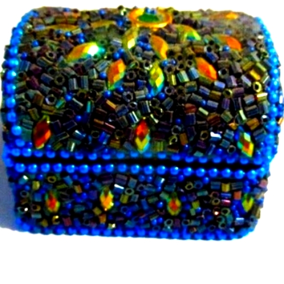 Handmade Blue Gold AB Jeweled Beaded Trinket Chest Box - Picture 3 of 5